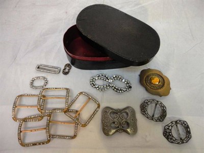 Lot 1052 - Five Gilt Metal Buckles with paste stones (some missing); Pair of Shoe Buckles with steel cut...