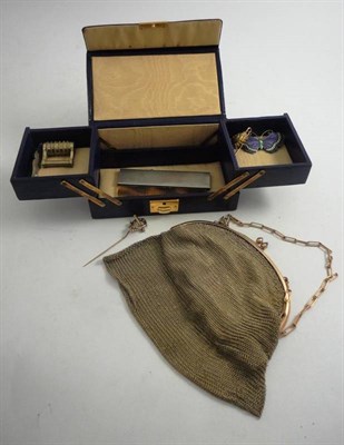 Lot 1054 - Rolled Gold Mesh Purse, with hinged clasp and chain handle; Purple Leather Jewellery Case with gilt