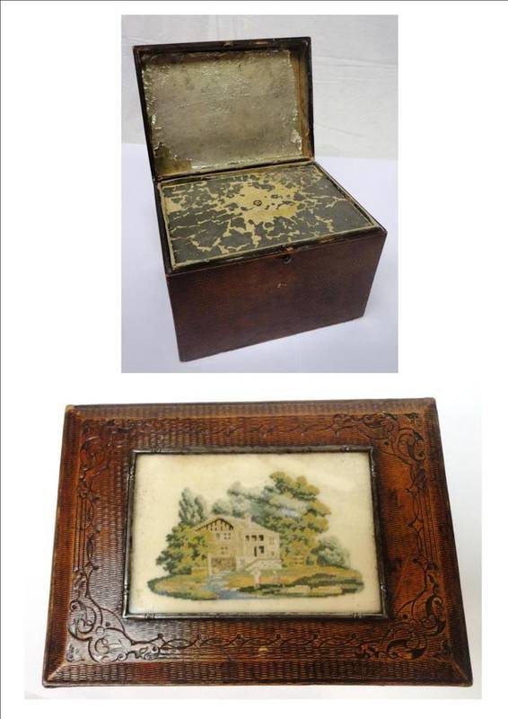 Lot 1056 - Late 18th Century Tan Leather Mounted Tea Caddy, with tooled decoration, and small petit point...