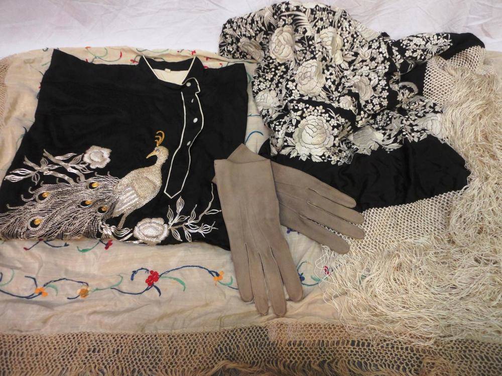 Lot 1068 - Pair of circa 1930's Black Silk Pyjamas with silver thread embroidery; Black Silk Shawl with...