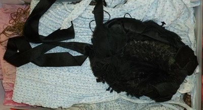 Lot 1077 - Late 19th Century Black Straw Bonnet, with black satin ribbon detailing; three Cotton Printed...