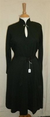 Lot 1104 - Jean Muir Fawn Jersey Dress with over stitched shoulder seams, shoulder pads, v-shaped neck,...