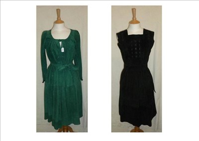 Lot 1108 - Jean Muir Black Suede Pinafore Dress with toggle fastenings to the back, leather stitched detailing