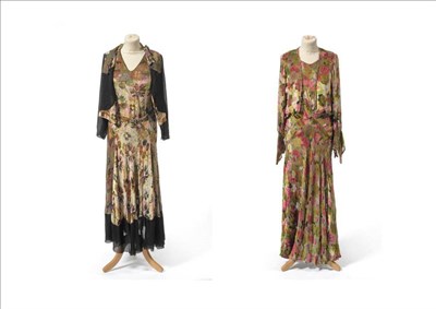 Lot 1126 - Circa 1930's Bias Cut Dress in floral flocked velvet with black chiffon hem, belt with a deco paste