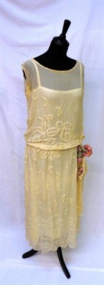 Lot 1138 - Circa 1920's Cream Chiffon Drop Waist Wedding Dress with beaded decoration, matching detachable...