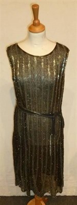 Lot 1144 - Circa 1920's Black Chiffon and Beaded Shift Dress with matching fabric belt; French Black...