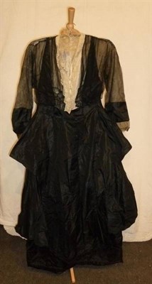 Lot 1150 - Edwardian Grey Striped Chiffon Dress with black velvet trims, lace cuffs and modesty panel;...