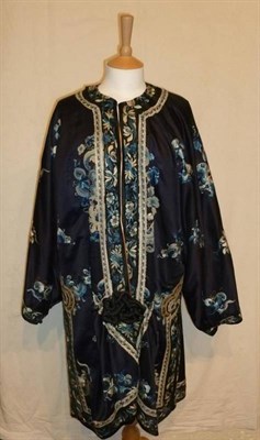 Lot 1152 - Chinese Navy Blue Silk Jacket, with applique trims and embroidered with flowers and...