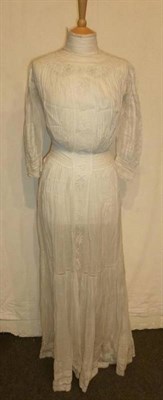 Lot 1153 - Edwardian White Cotton Full Length Dress with long sleeves, cut work detailing and floral...