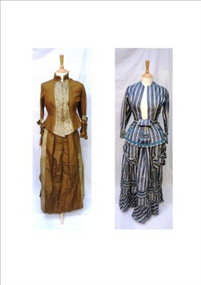 Lot 1164 - Victorian Blue and White Striped Silk Two Piece, with a long line jacket, full skirt and waistband