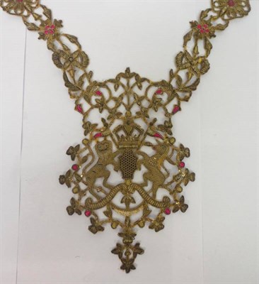 Lot 1167 - A Possibly Indian Gilt Metallic Thread Embroidered Necklace/Applique, decorated with a standing...