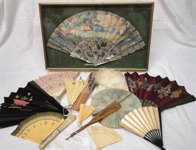 Lot 1197 - Late 18th Century Fan In a Glazed Case, hand painted with figures in contemporary dress on...