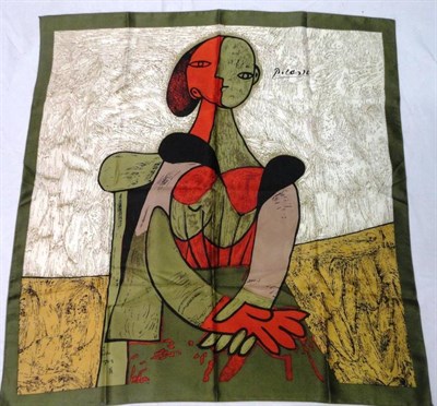 Lot 1209 - Silk Scarf of A Seated Cubist Lady Figure Signed Picasso, within a green border, 87cm by 87cm