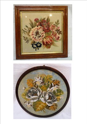 Lot 1222 - Victorian Wool Work and Cut Wool Picture of Foliate Design, framed, 49cm by 49cm; Mahogany Circular