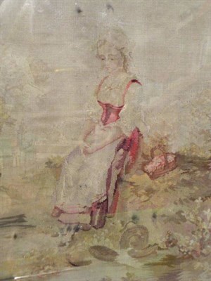 Lot 1223 - Framed Embroidery of a Young Girl Seated Beside a Stream, wearing a red dress, 56cm by 67cm