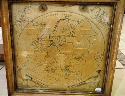 Lot 1225 - A Gilt Framed Embroidered Map of Europe, on a cream silk mount, embroidered in silk with...