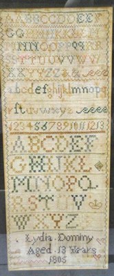 Lot 1229 - Framed Band Alphabet Sampler Worked by Lydia Dominy Aged 13 Dated 1805, within a zig zag...