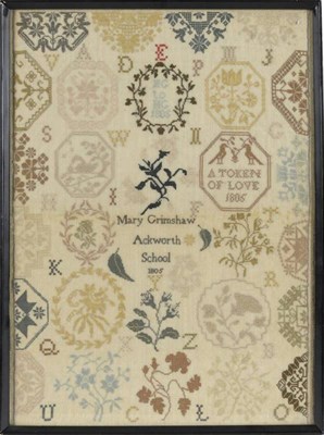 Lot 1231 - A Framed Ackworth School Medallion Sampler by Mary Grimshaw 1805, worked in cross stitch and...