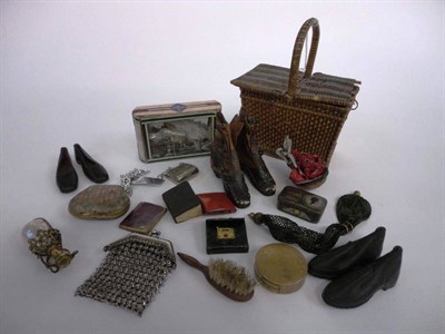 Lot 1013 - Assorted Dolls Accessories including a wicker hamper; card board covered hinged box with a...
