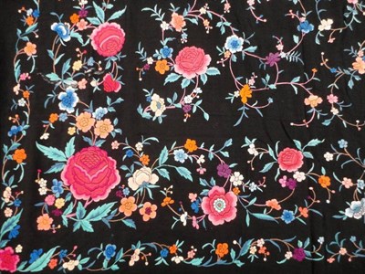 Lot 1033 - Chinese Black Silk Shawl with coloured silk floral embroidery, 160cm by 165cm