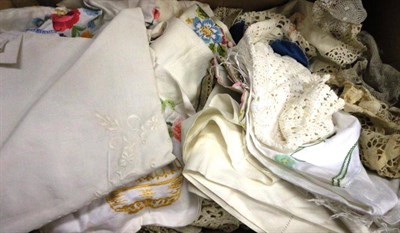 Lot 1034 - Assorted White Linen and Textiles including tray cloths, table cloths, placemats etc (two boxes)