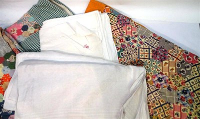 Lot 1037 - Two 20th Century Patchwork Quilts and Other Textiles including white linen cloths, damask...