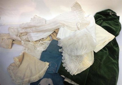 Lot 1038 - Assorted White Linen Cloths, Children's Gowns, Cotton And Lace Bonnets, embroidered textiles...