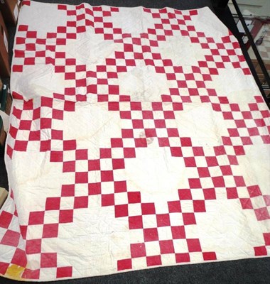 Lot 1039 - Red and White 'Double Irish Chain' Patchwork Quilt, 215cm by 180cm; Assorted Linen and cotton table