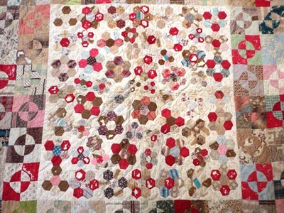 Lot 1040 - Large 19th Century Quilt, with patchwork flowers to the central square, bordered by geometric...