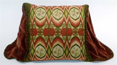 Lot 1052 - Silk and Wool Embroidered Cushion Cover in Hungarian point with red velvet backing and metallic...