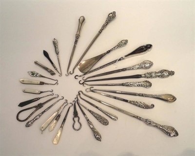 Lot 1058 - Tortoiseshell and Silver Mounted Button Hook, assorted silver mounted button hooks, miniature...
