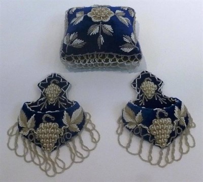 Lot 1060 - Victorian Blue Velvet Beaded Pin Cushion, 16cm by 16cm; Pair of Similar Hanging Wall Pockets...