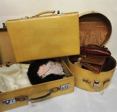 Lot 1128 - White Table Cloth with lace insertions; Brown Crocodile Leather Handbag and another; feathers, silk