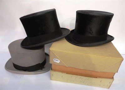 Lot 1132 - Moss Bros Black Silk Top Hat; Hanbridge, Norfolk House Black Silk Top Hat; Dunn & Co Grey Felt...