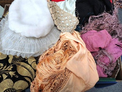 Lot 1135 - Assorted Costume Accessories including a black silk shawl with gold embroidery; peach silk...