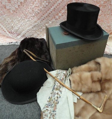 Lot 1145 - Black Silk Top Hat (cased); Black Bowler Hat; Hunting Crop; Two Fur Stoles, fur tails; Two...