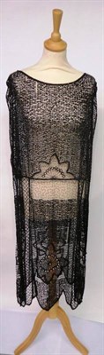 Lot 1155 - Circa 1920's Black Sequin Shift Dress, in Samaritaine card box; Black Silk Appliqued Capelet,...