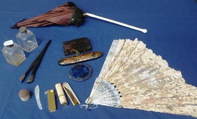 Lot 1167 - Ivory Handled Parasol with brown silk mount; Mother of Pearl Lace Mounted Fan with inlaid and...