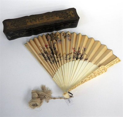 Lot 1186 - A Chinese Ivory Fan with embroidered cream silk mount decorated with birds, on plain sticks...