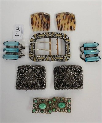 Lot 1194 - Large Steel Buckle mounted with paste stones and gilt metal mounts, 9cm by 6cm; Pair of Steel...