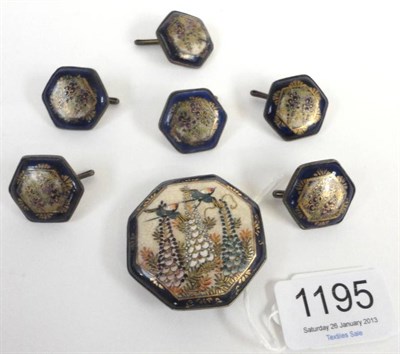 Lot 1195 - Large Satsuma Pottery Hexagonal Shaped Buckle, hand painted with birds and lupin, 4.5cm; and...