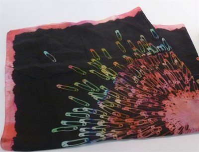 Lot 1200 - Alexander McQueen Silk Scarf printed with coloured 'Safety Pins' on a black ground within a...