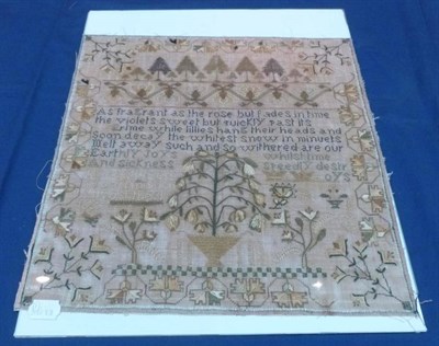 Lot 1225 - Sampler Worked By Mary Barker Dated 1835, with central verse and embroidered basket of flowers,...