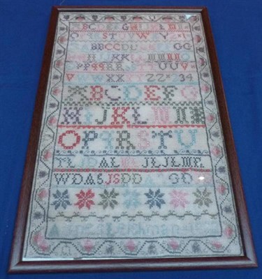 Lot 1226 - Framed Alphabet Sampler Worked By Agnes Leishman, dated 1832 within a foliate border and modern...