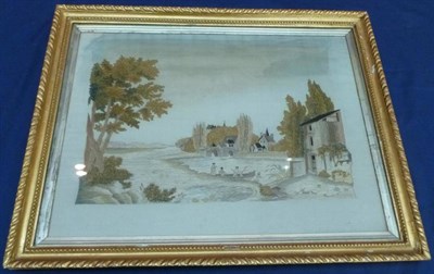 Lot 1231 - An Early 19th Century Silk Embroidered Picture, depicting figures in a boat on a lake near a...