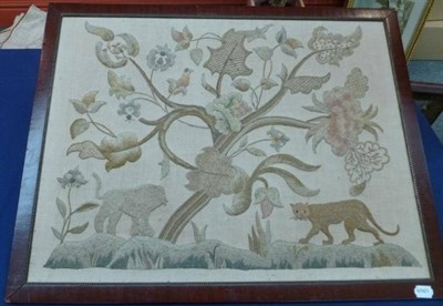 Lot 1233 - Early 19th Century Crewelwork Panel depicting a leopard and a lion under a large tree, in a...