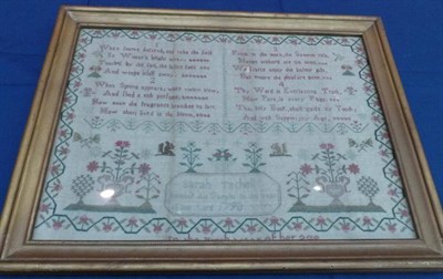 Lot 1235 - A Framed Sampler Worked by Sarah Tirchell, Age 9 Dated 1790, with four religious verses above...