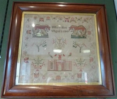 Lot 1237 - Victorian Mahogany Framed Wool Work Sampler by Mary Ive, Aged 22, 1847, depicting a red double...