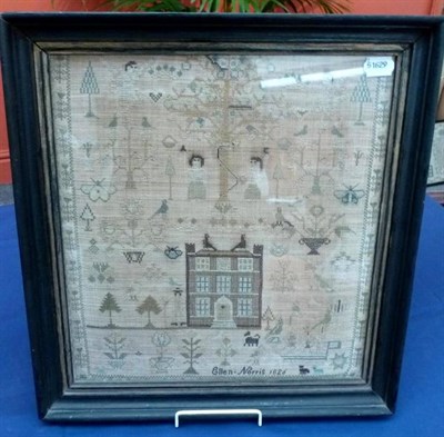 Lot 1241 - Framed Adam and Eve Sampler Worked by Ellen Norris Dated 1826, with a Georgian three storey...