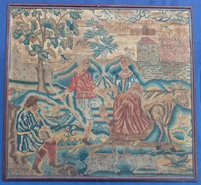 Lot 1245 - Late 17th Century Needlework Picture depicting a dancing couple in a rural landscape, being...